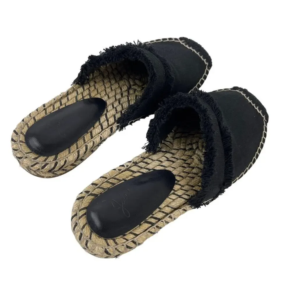 JOIE Black Cain Fringe Espadrille Mules Slides Shoes Size 39 US 9